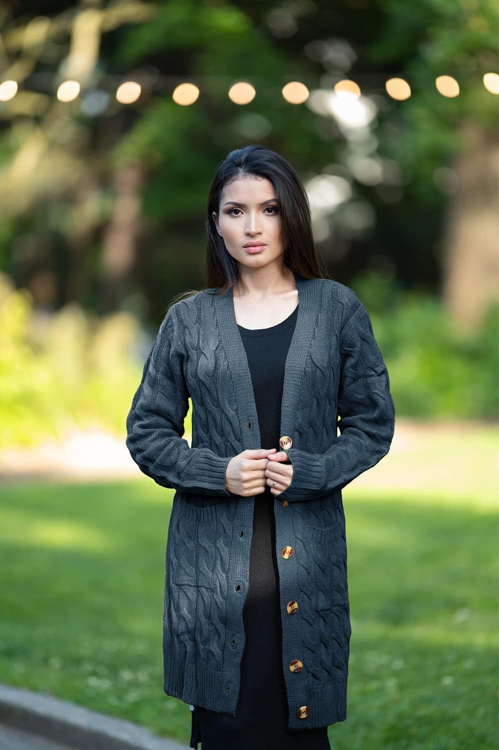 image:imagePRETTYGARDEN Womens Cable Knit Button Long Cardigan SweatersBlue
