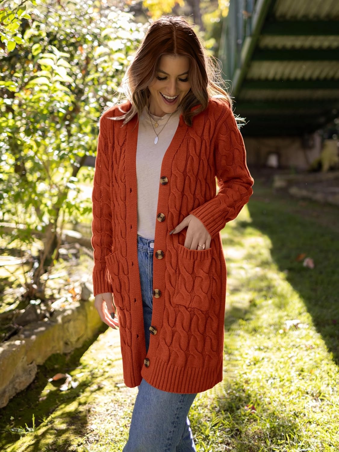 image:imagePRETTYGARDEN Womens Cable Knit Button Long Cardigan SweatersCaramel