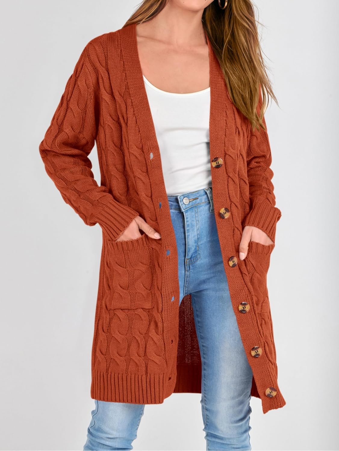 image:imagePRETTYGARDEN Womens Cable Knit Button Long Cardigan SweatersCaramel