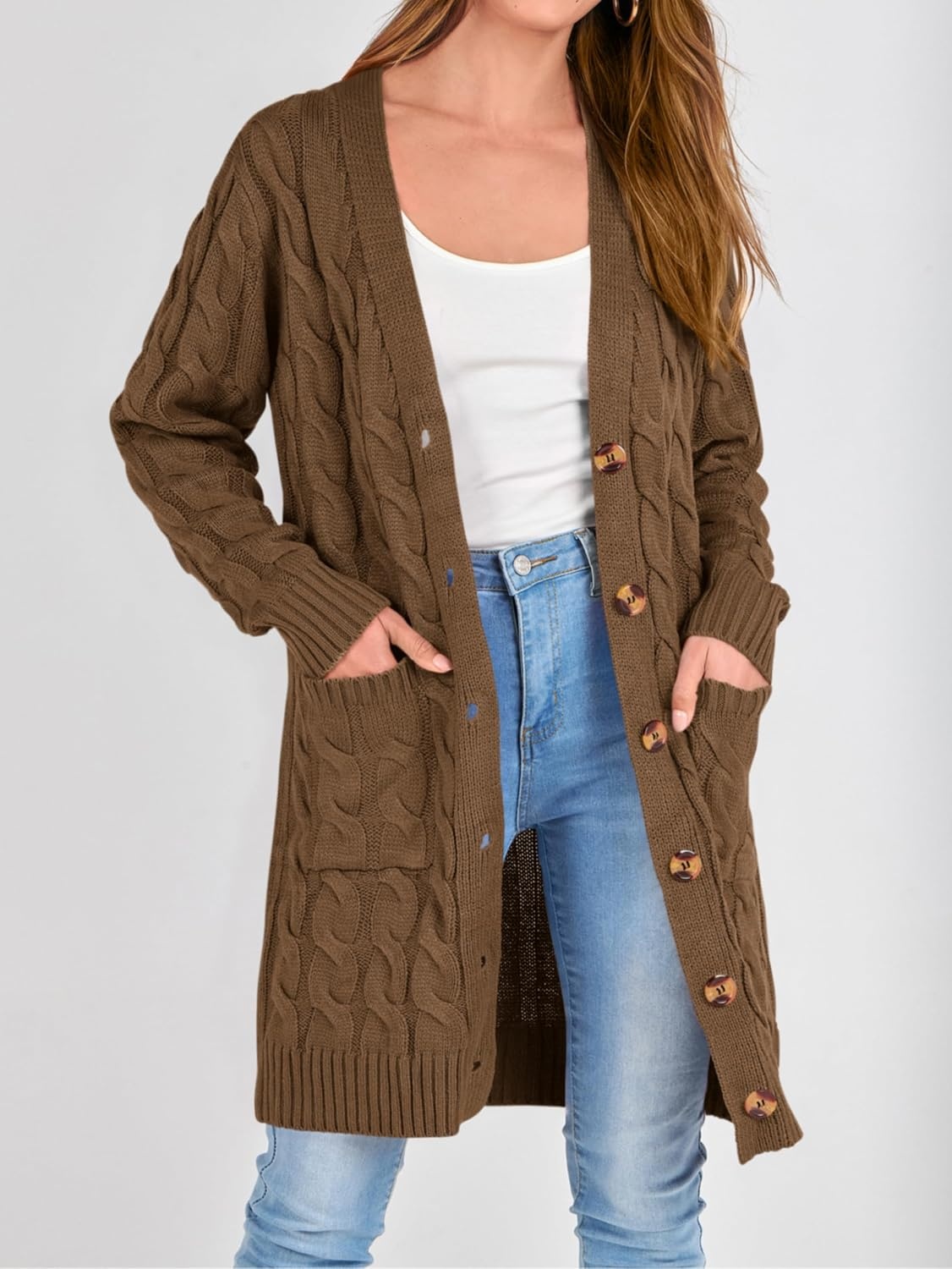 image:imagePRETTYGARDEN Womens Cable Knit Button Long Cardigan SweatersCoffee