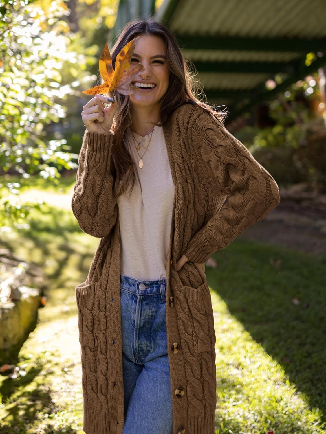 image:imagePRETTYGARDEN Womens Cable Knit Button Long Cardigan SweatersCoffee