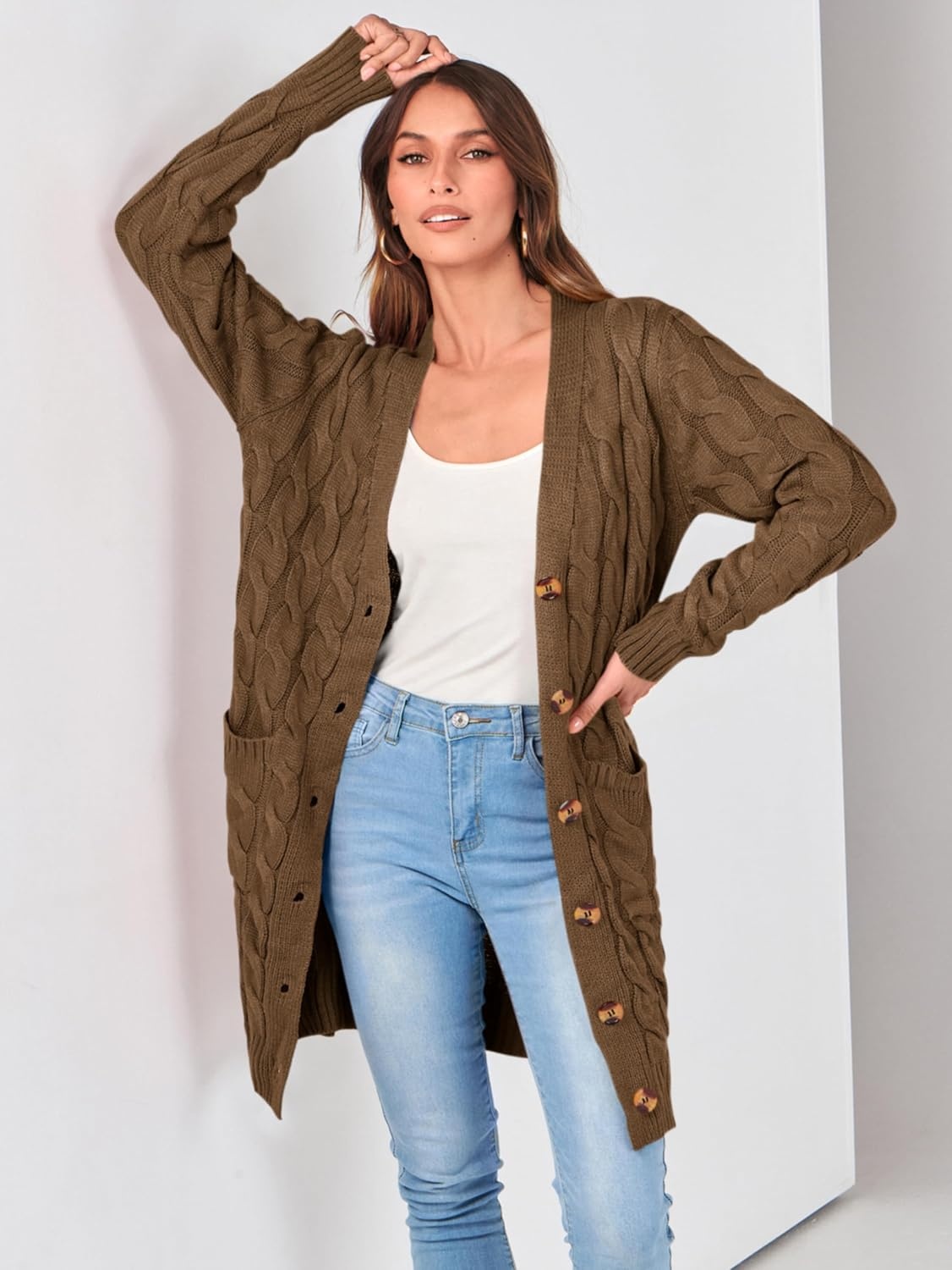 image:imagePRETTYGARDEN Womens Cable Knit Button Long Cardigan SweatersCoffee
