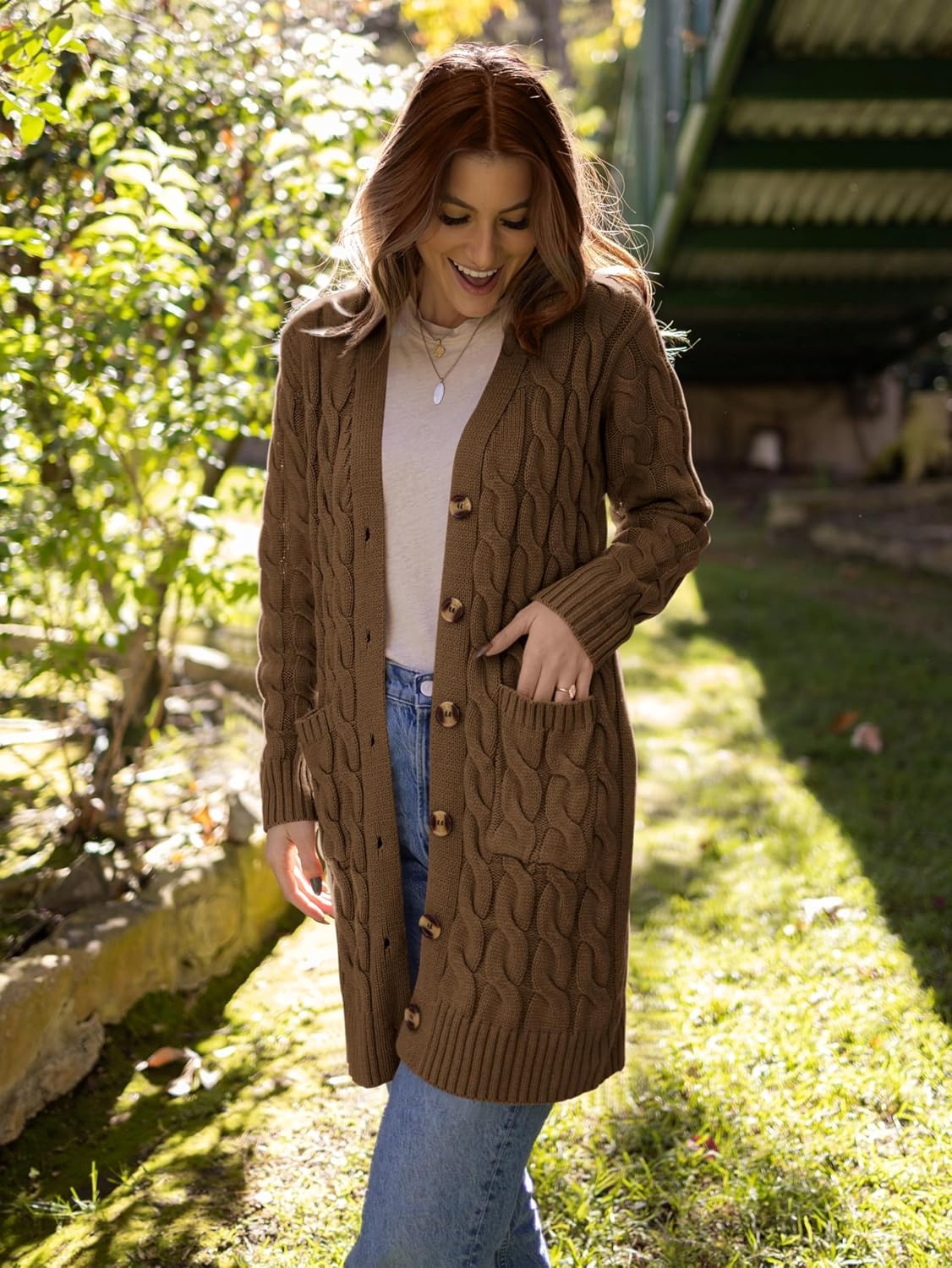 image:imagePRETTYGARDEN Womens Cable Knit Button Long Cardigan SweatersCoffee