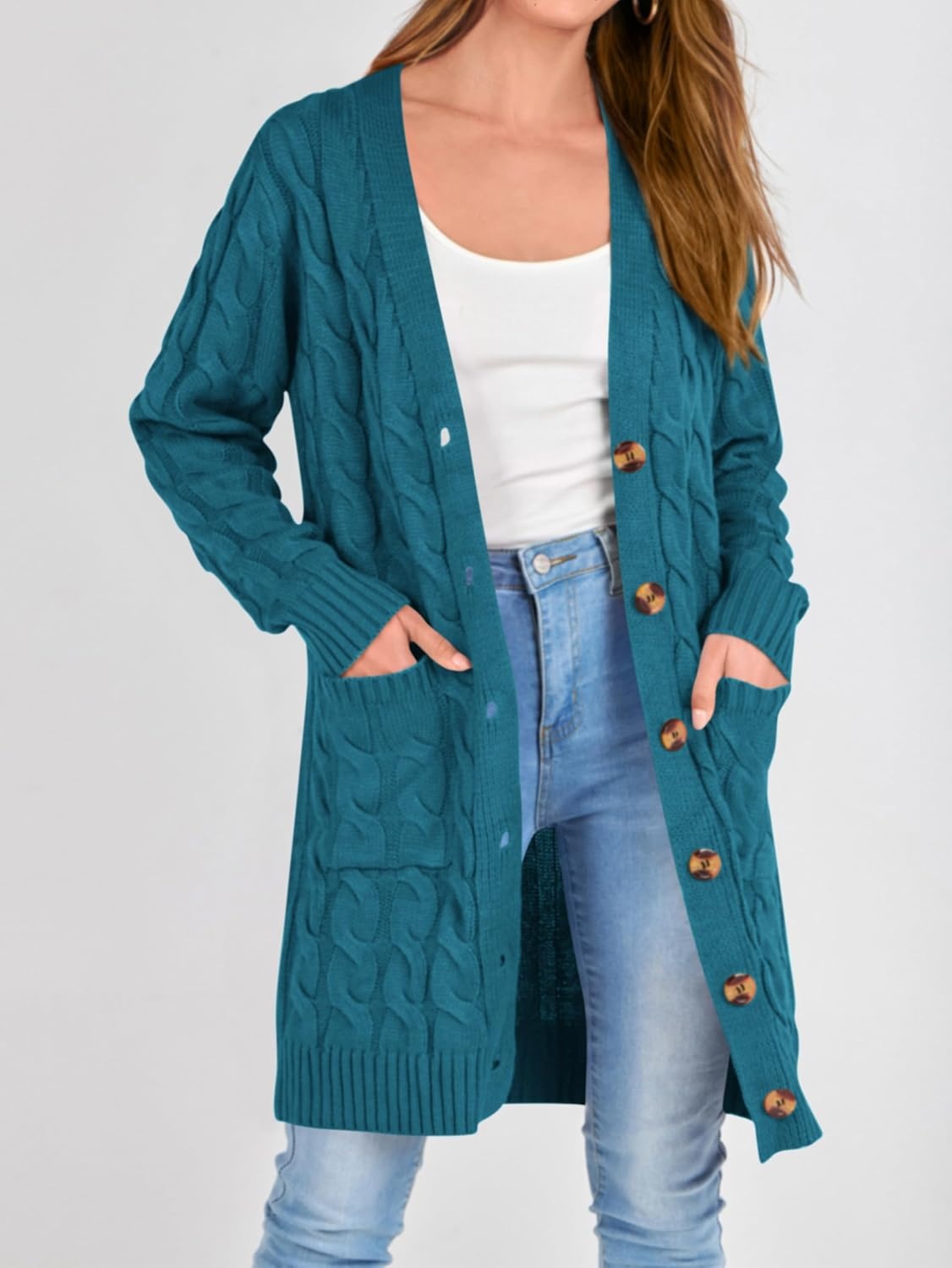 image:imagePRETTYGARDEN Womens Cable Knit Button Long Cardigan SweatersCyan