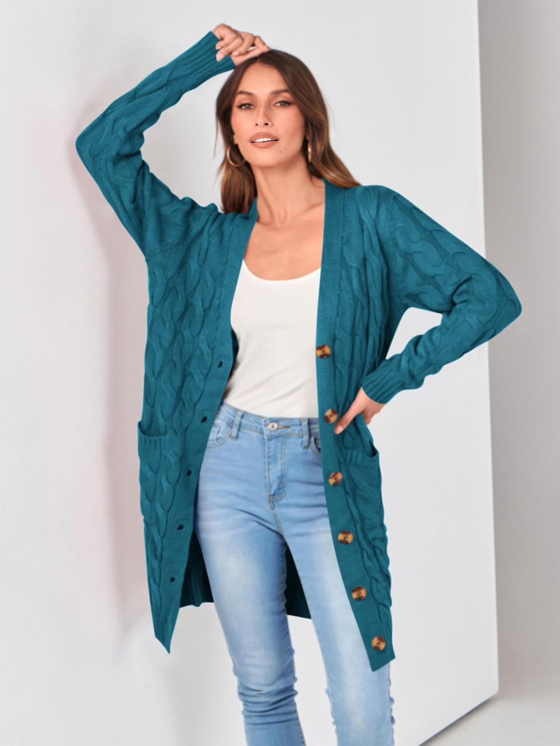 image:imagePRETTYGARDEN Womens Cable Knit Button Long Cardigan SweatersCyan