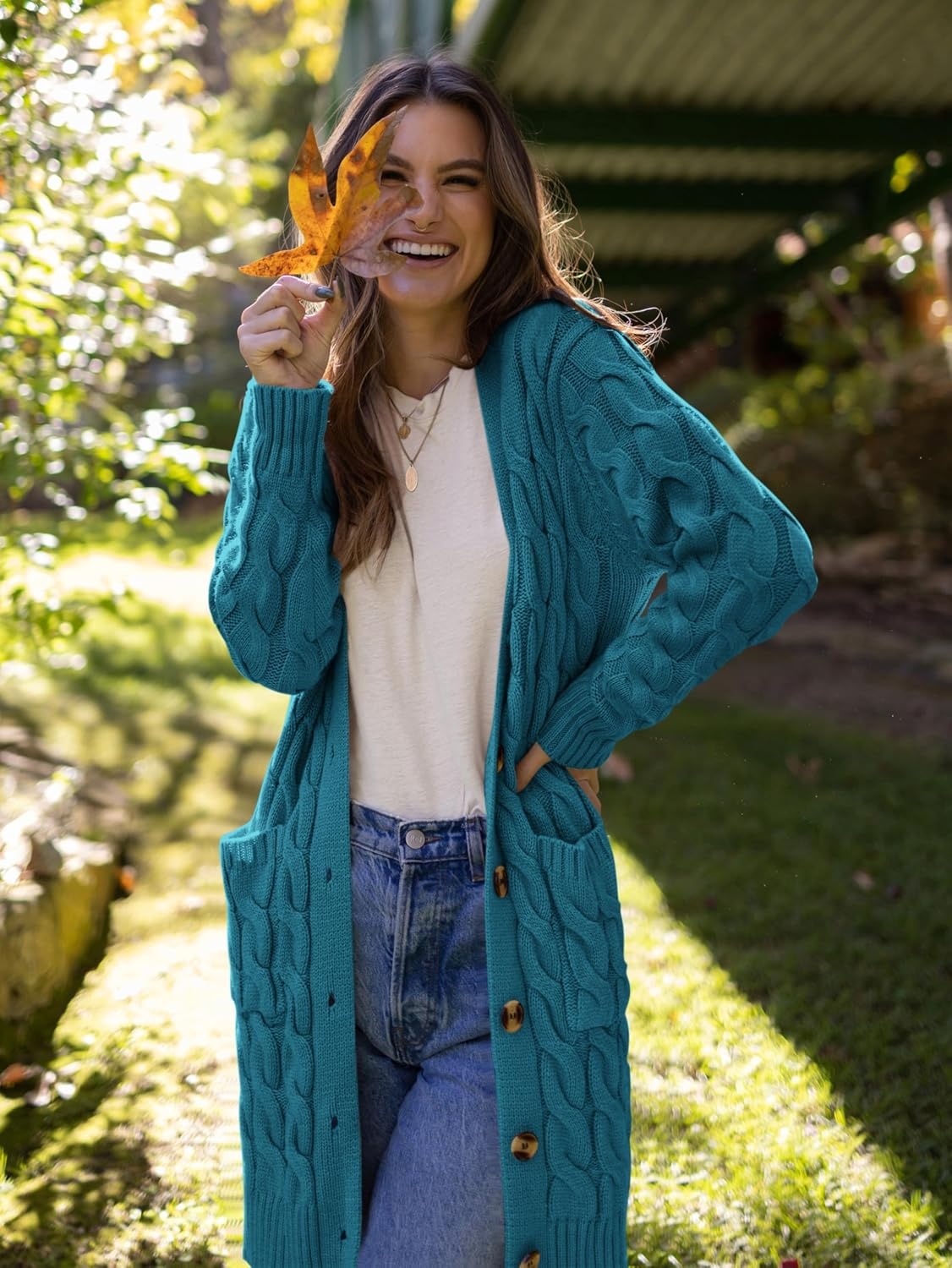 image:imagePRETTYGARDEN Womens Cable Knit Button Long Cardigan SweatersCyan