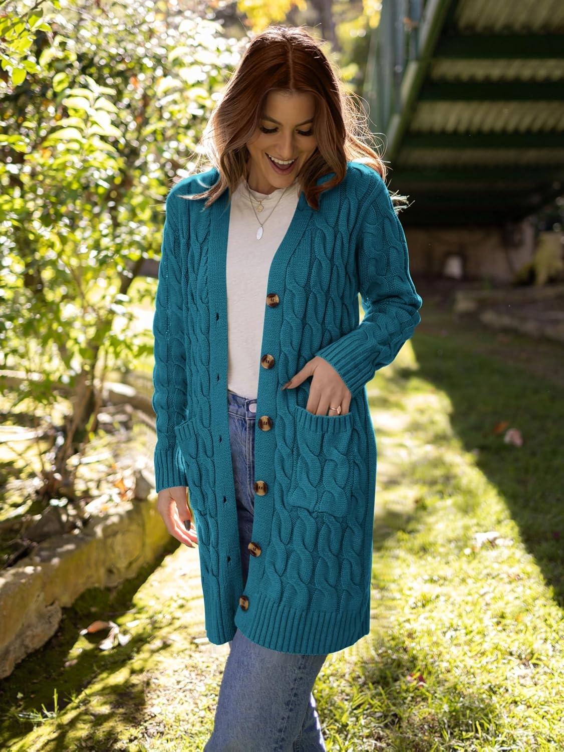 image:imagePRETTYGARDEN Womens Cable Knit Button Long Cardigan SweatersCyan