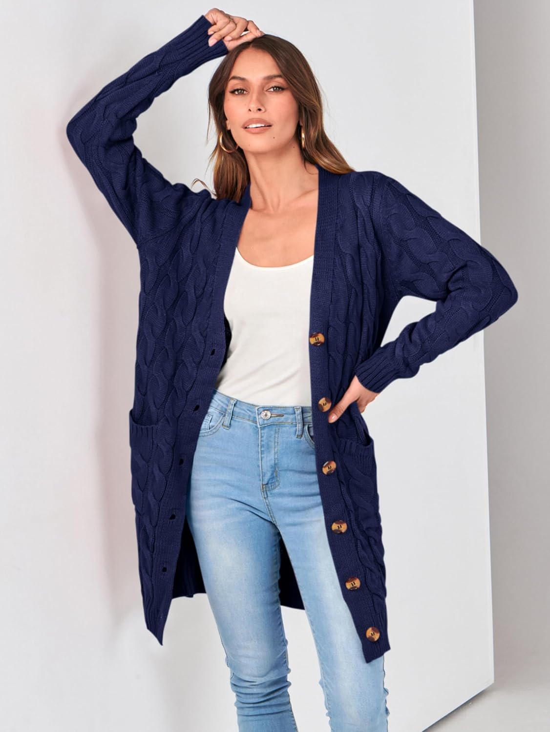 image:imagePRETTYGARDEN Womens Cable Knit Button Long Cardigan SweatersDark Blue