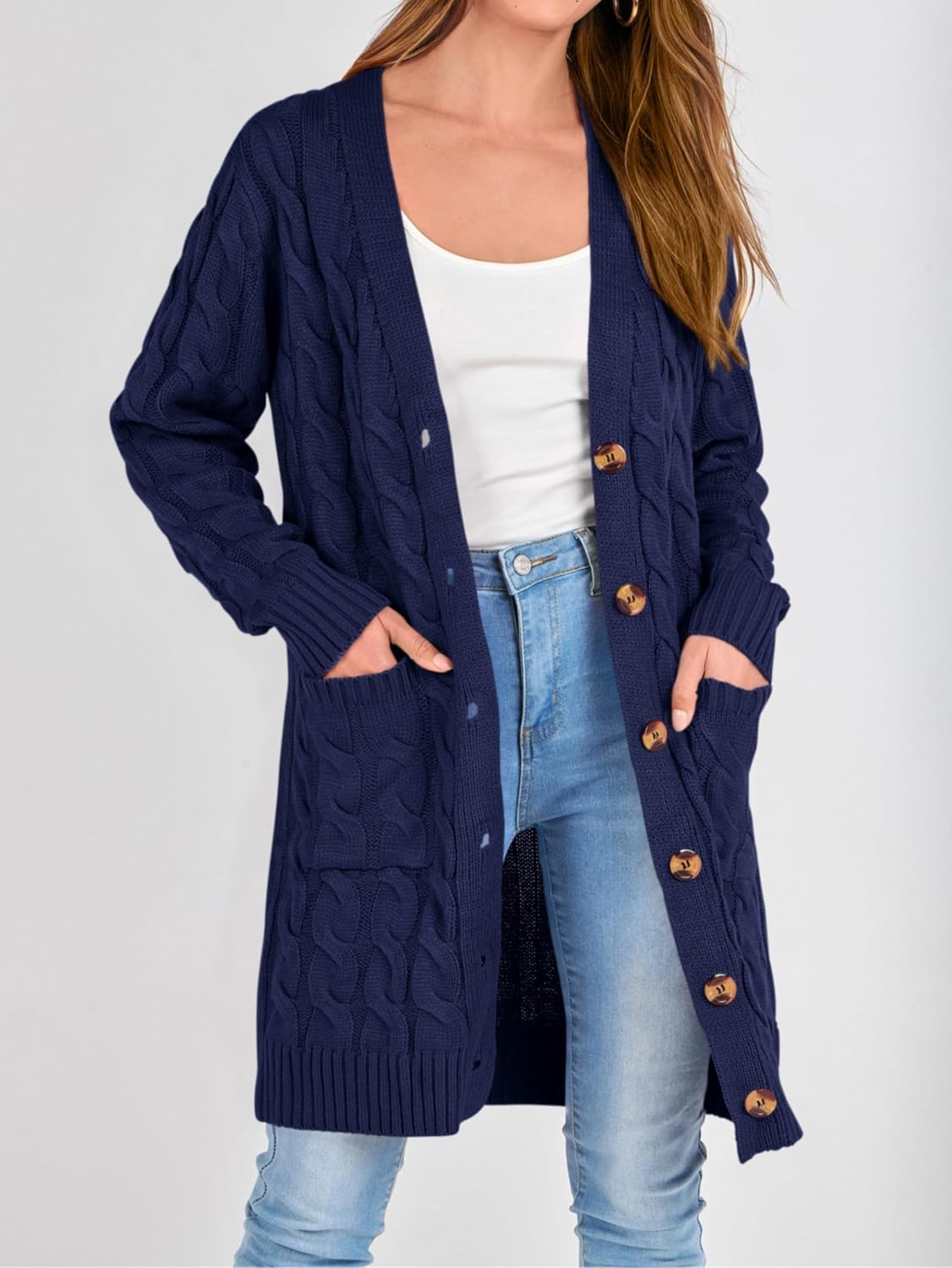 image:imagePRETTYGARDEN Womens Cable Knit Button Long Cardigan SweatersDark Blue