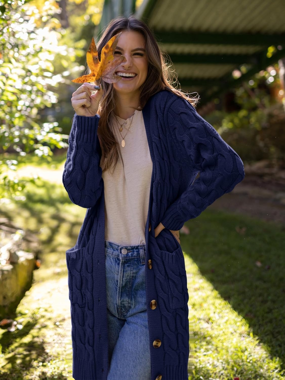 image:imagePRETTYGARDEN Womens Cable Knit Button Long Cardigan SweatersDark Blue