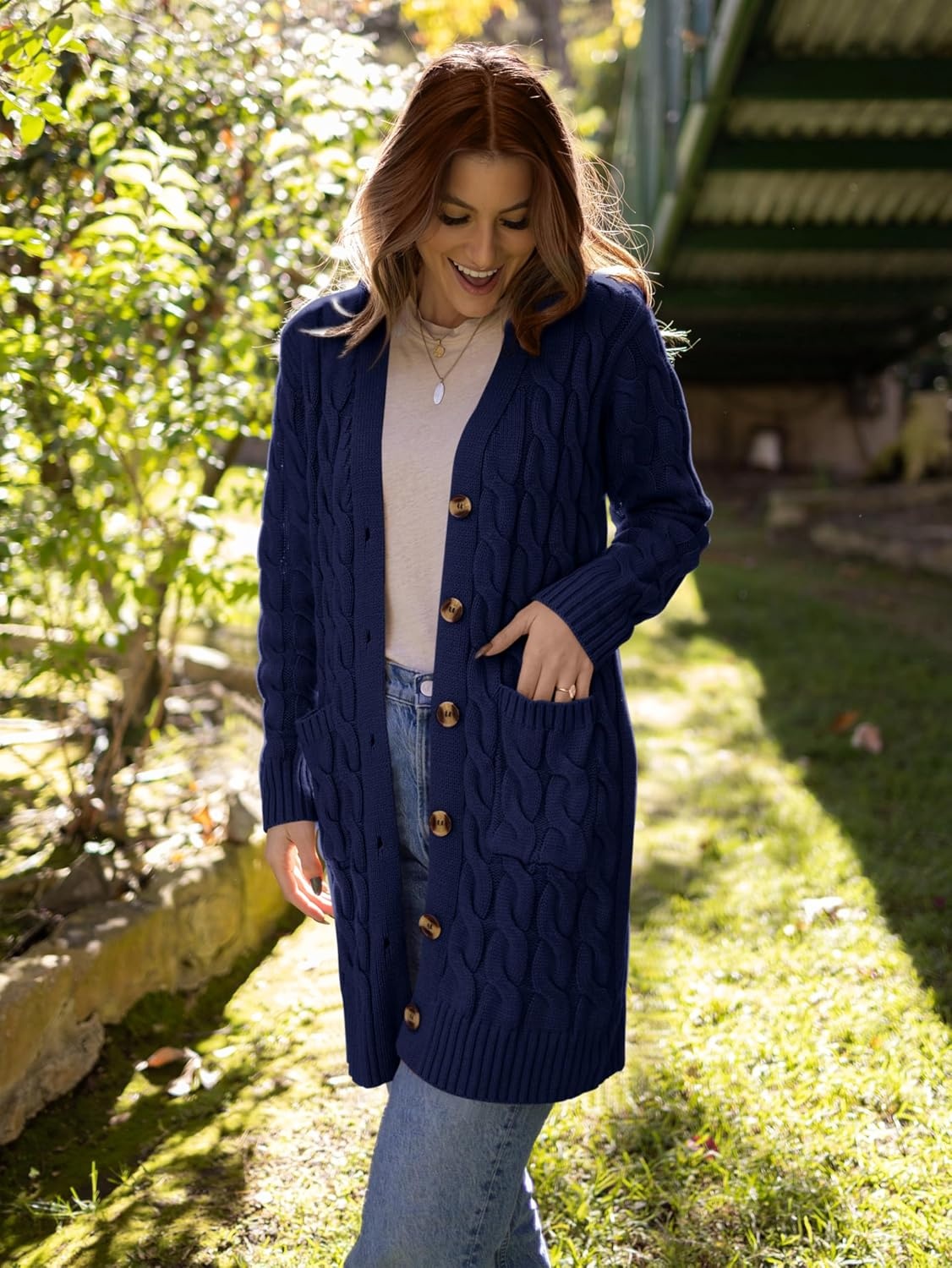 image:imagePRETTYGARDEN Womens Cable Knit Button Long Cardigan SweatersDark Blue