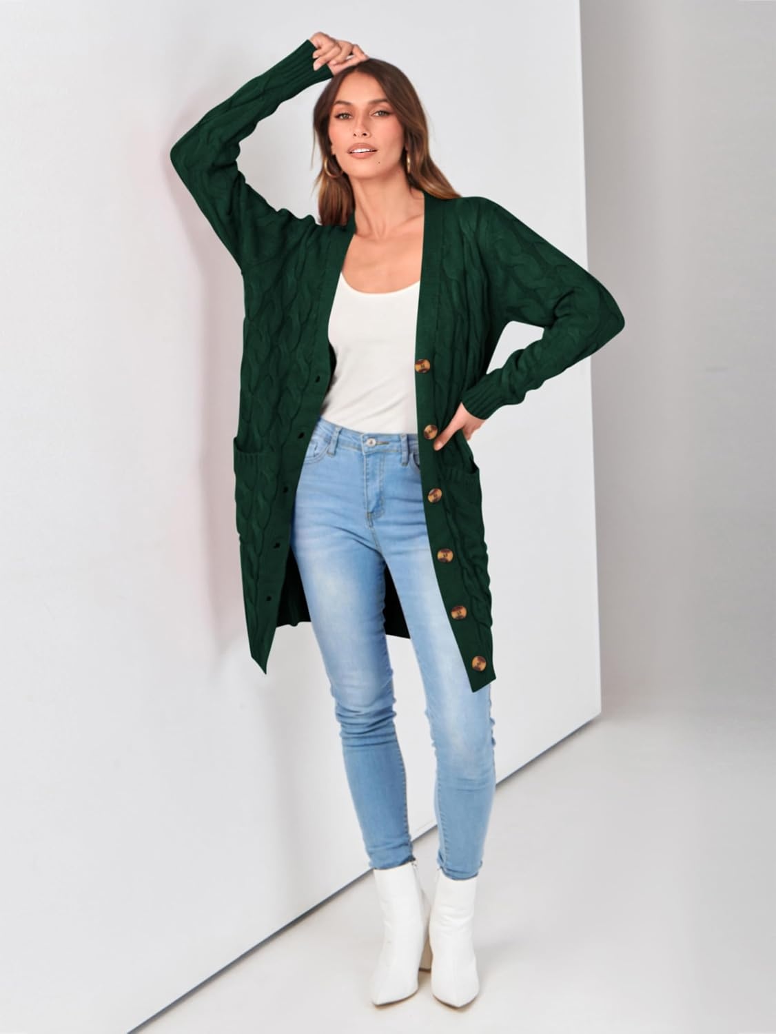 image:imagePRETTYGARDEN Womens Cable Knit Button Long Cardigan SweatersDark Green