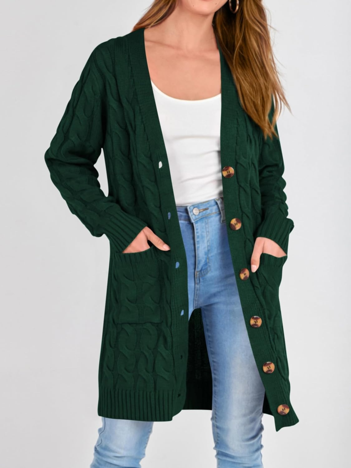 image:imagePRETTYGARDEN Womens Cable Knit Button Long Cardigan SweatersDark Green