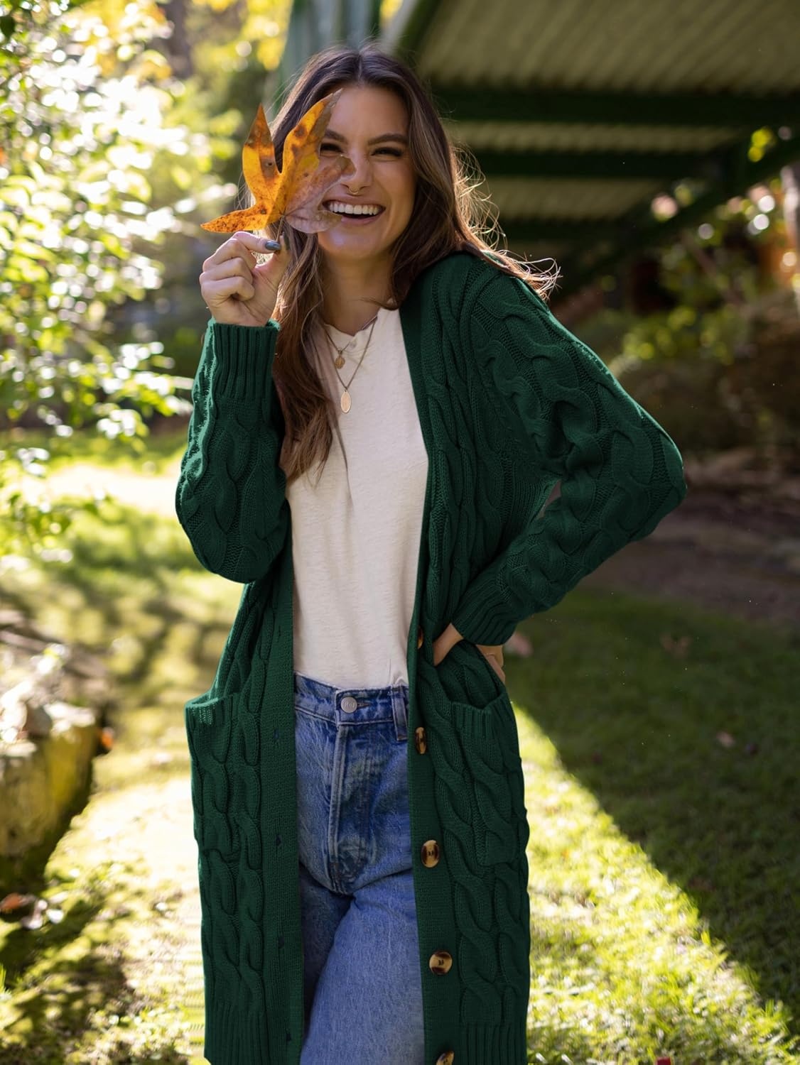 image:imagePRETTYGARDEN Womens Cable Knit Button Long Cardigan SweatersDark Green
