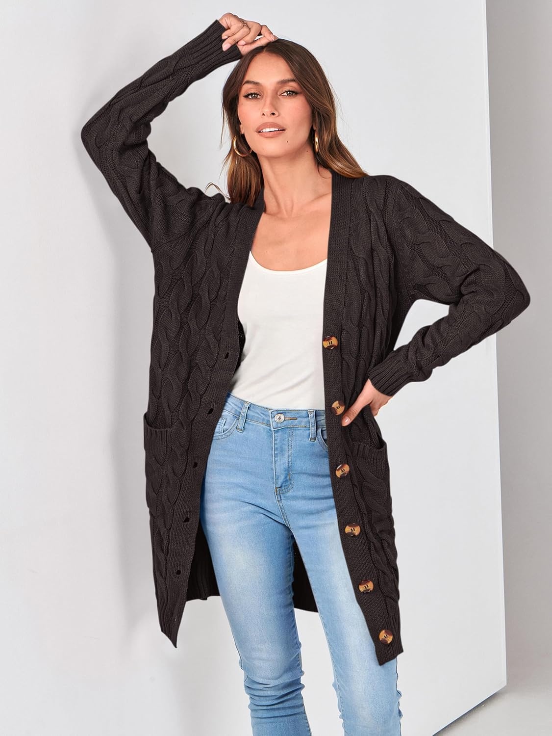 image:imagePRETTYGARDEN Womens Cable Knit Button Long Cardigan SweatersDark Grey