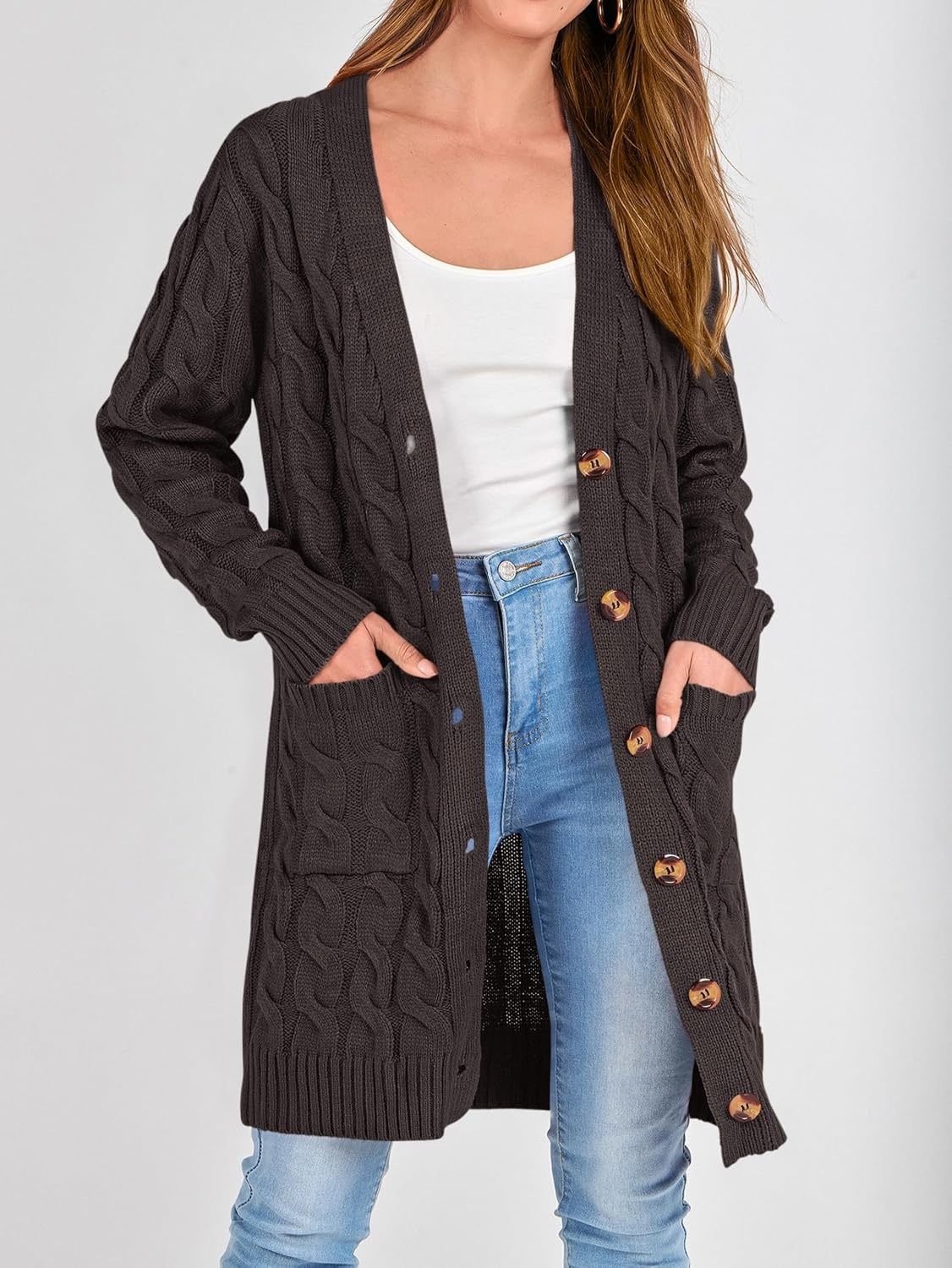 image:imagePRETTYGARDEN Womens Cable Knit Button Long Cardigan SweatersDark Grey