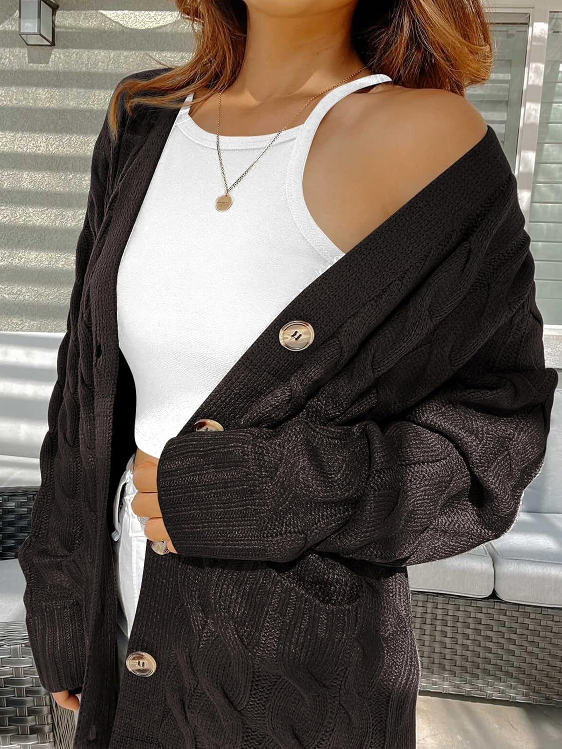 image:imagePRETTYGARDEN Womens Cable Knit Button Long Cardigan SweatersDark Grey
