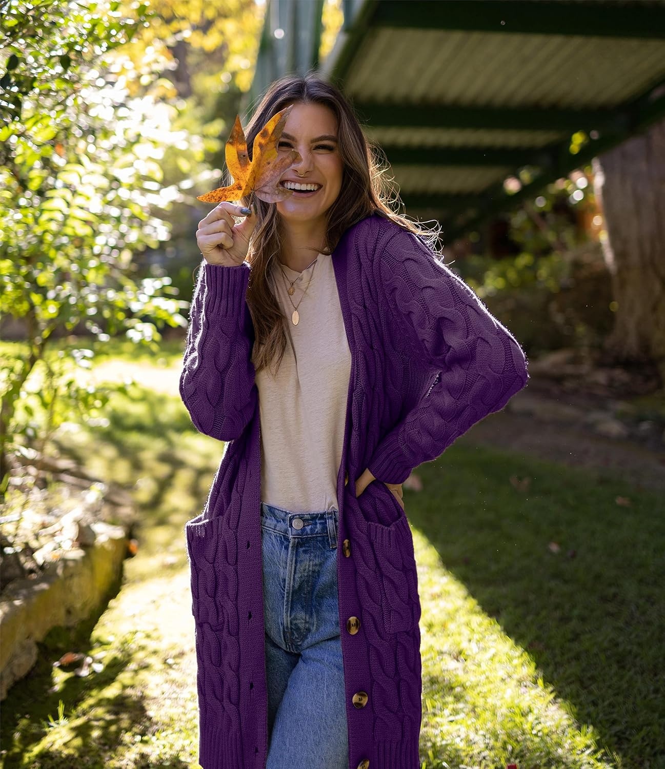 image:imagePRETTYGARDEN Womens Cable Knit Button Long Cardigan SweatersDeep Purple