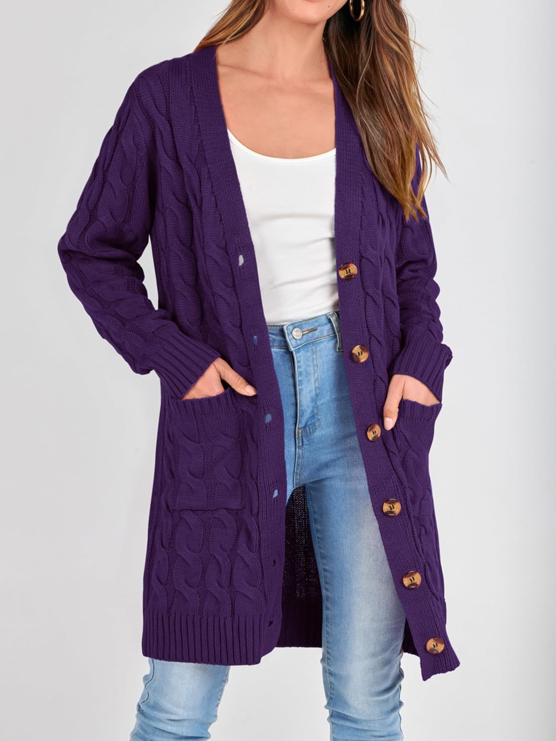 image:imagePRETTYGARDEN Womens Cable Knit Button Long Cardigan SweatersDeep Purple