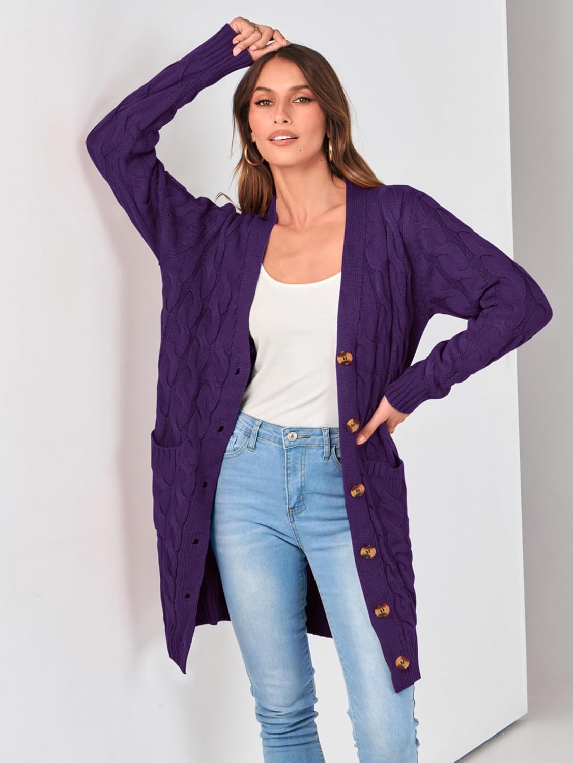 image:imagePRETTYGARDEN Womens Cable Knit Button Long Cardigan SweatersDeep Purple