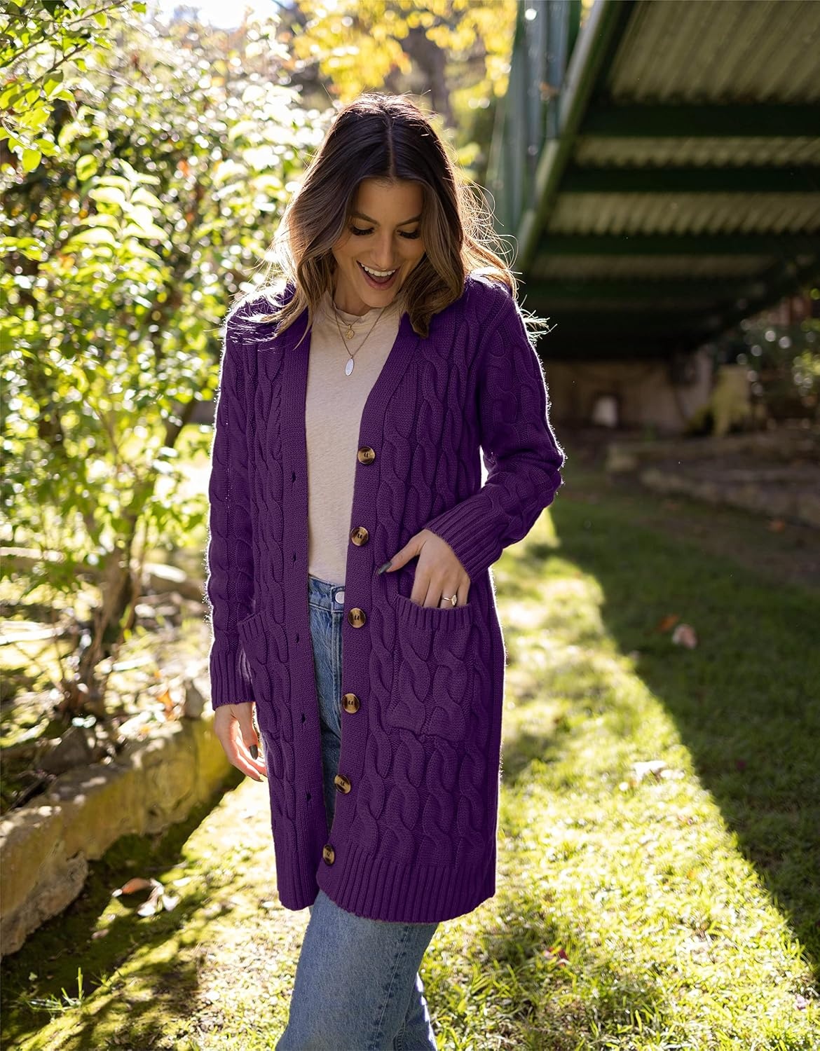 image:imagePRETTYGARDEN Womens Cable Knit Button Long Cardigan SweatersDeep Purple