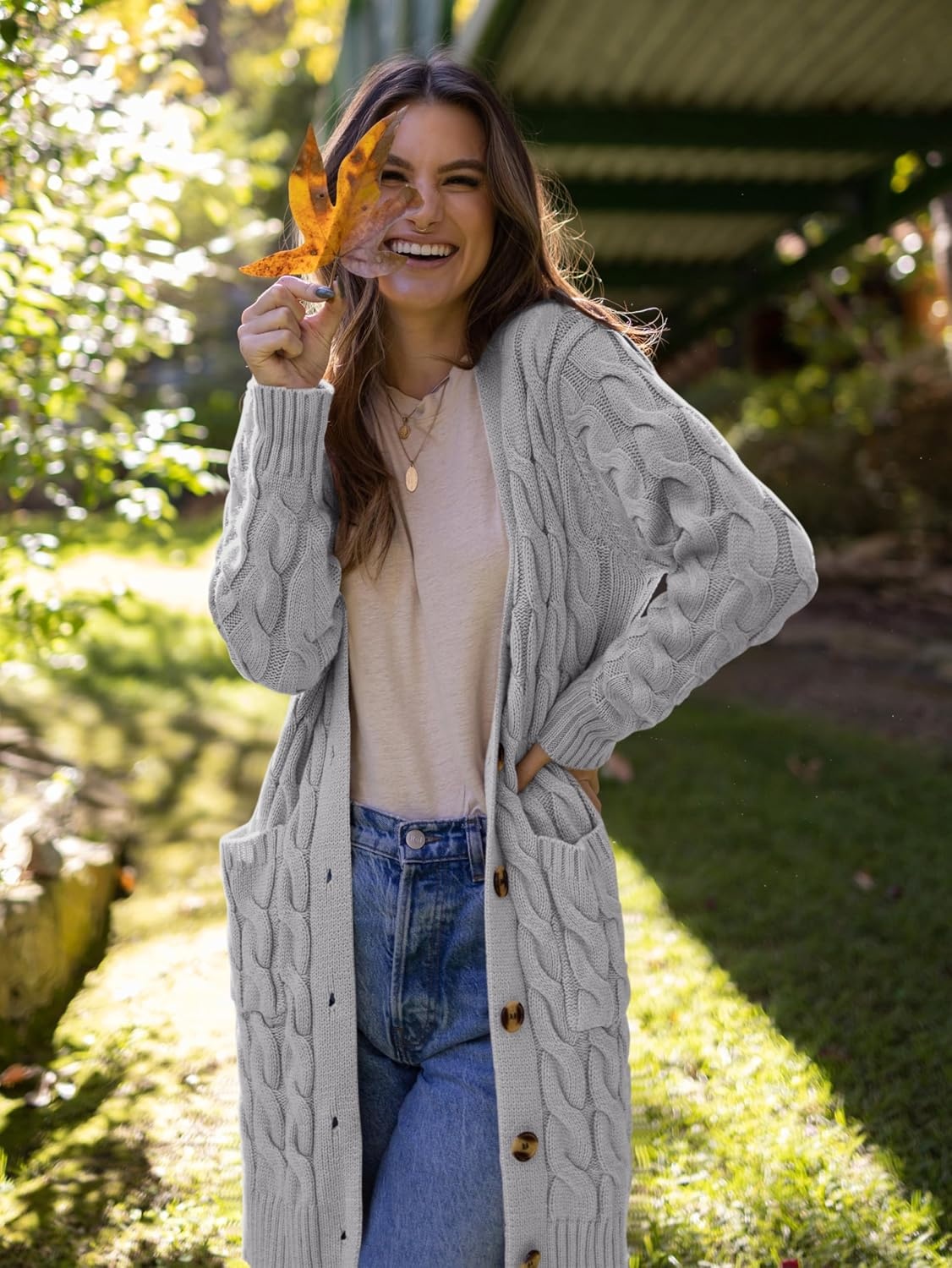 image:imagePRETTYGARDEN Womens Cable Knit Button Long Cardigan SweatersGrey