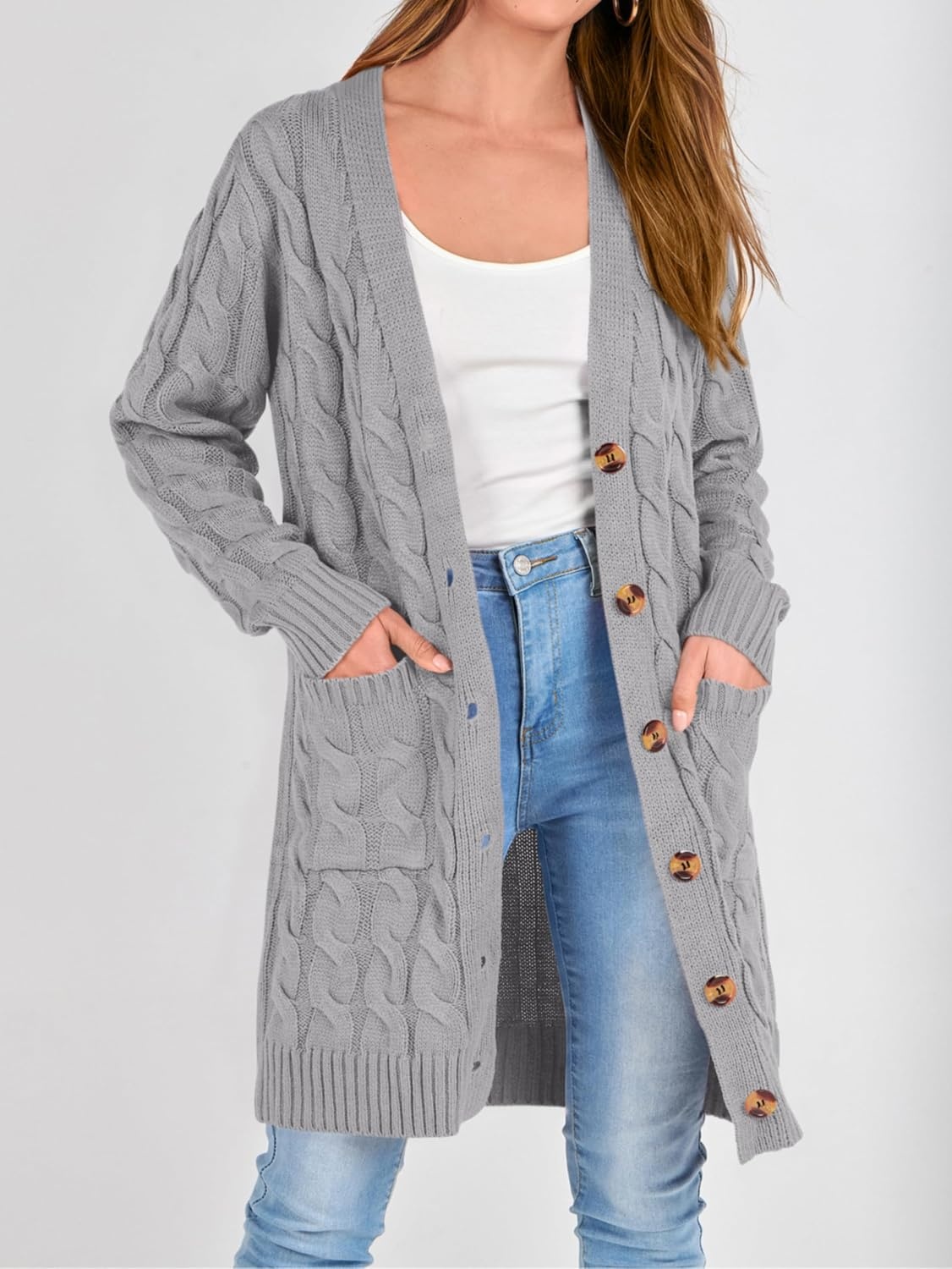 image:imagePRETTYGARDEN Womens Cable Knit Button Long Cardigan SweatersGrey
