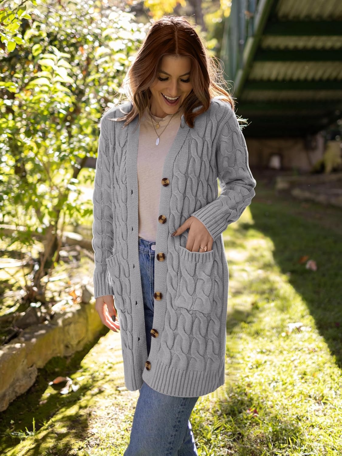 image:imagePRETTYGARDEN Womens Cable Knit Button Long Cardigan SweatersGrey