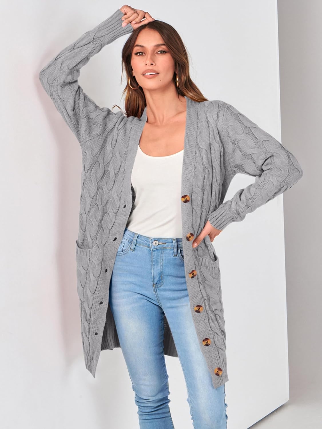 image:imagePRETTYGARDEN Womens Cable Knit Button Long Cardigan SweatersGrey