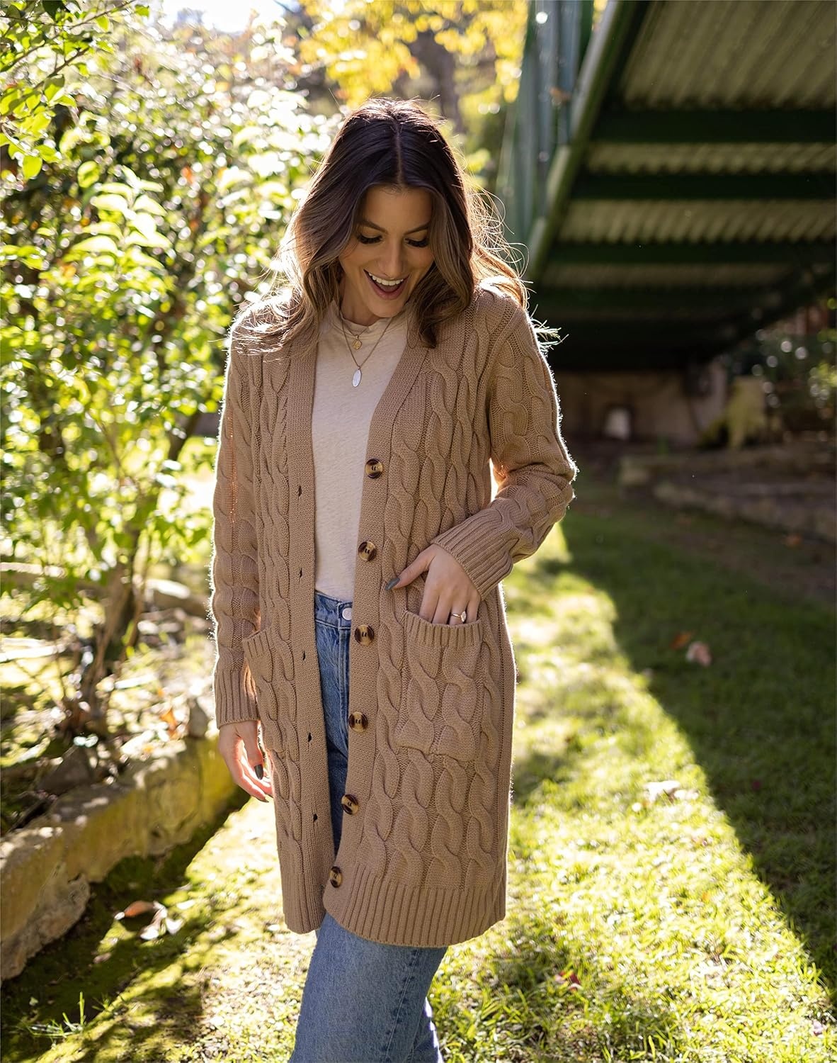 image:imagePRETTYGARDEN Womens Cable Knit Button Long Cardigan SweatersKhaki