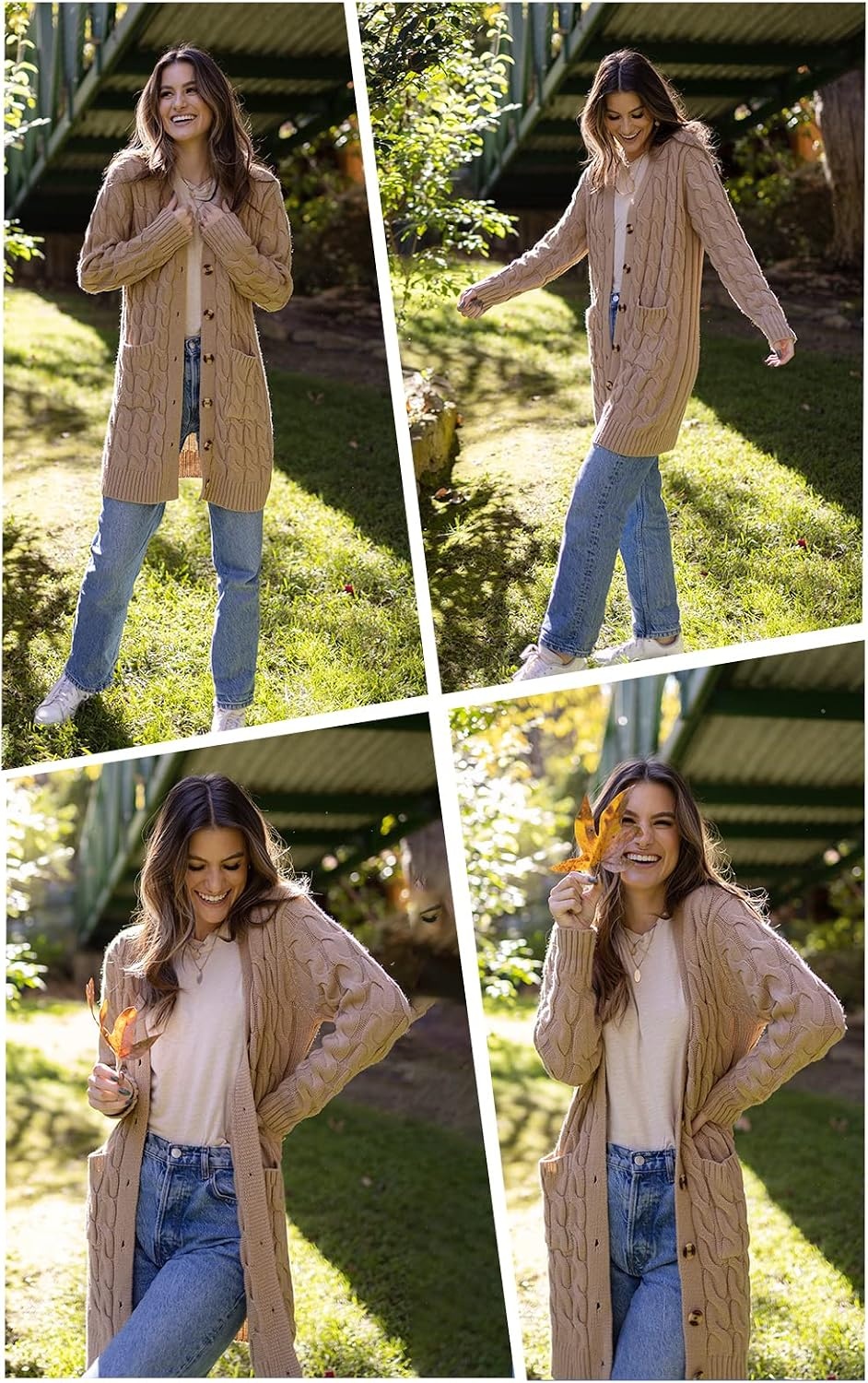 image:imagePRETTYGARDEN Womens Cable Knit Button Long Cardigan SweatersKhaki