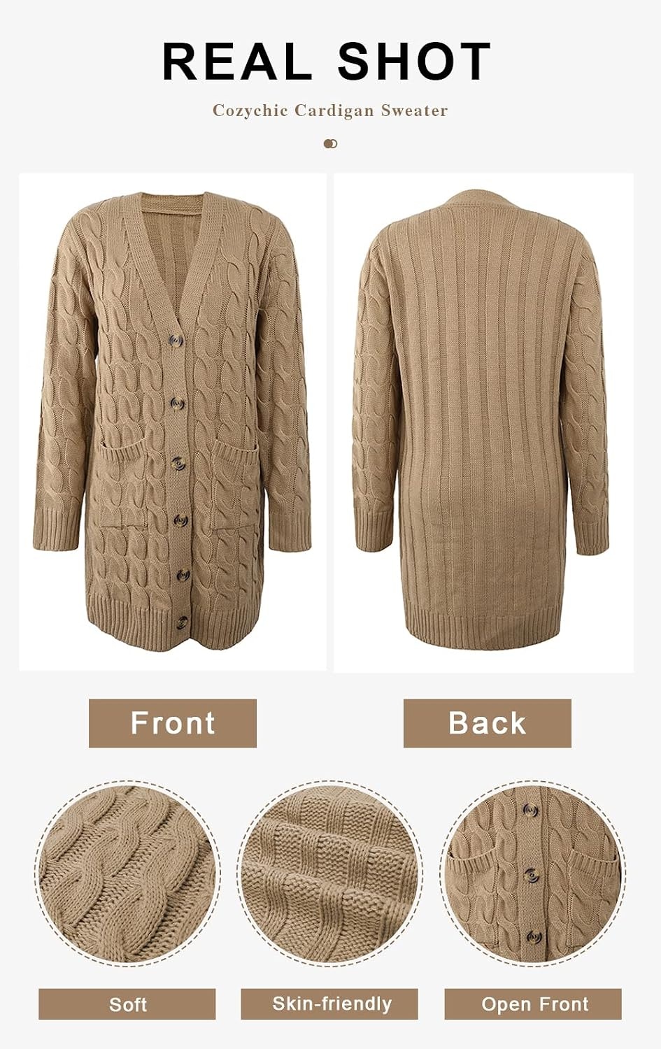 image:imagePRETTYGARDEN Womens Cable Knit Button Long Cardigan SweatersKhaki