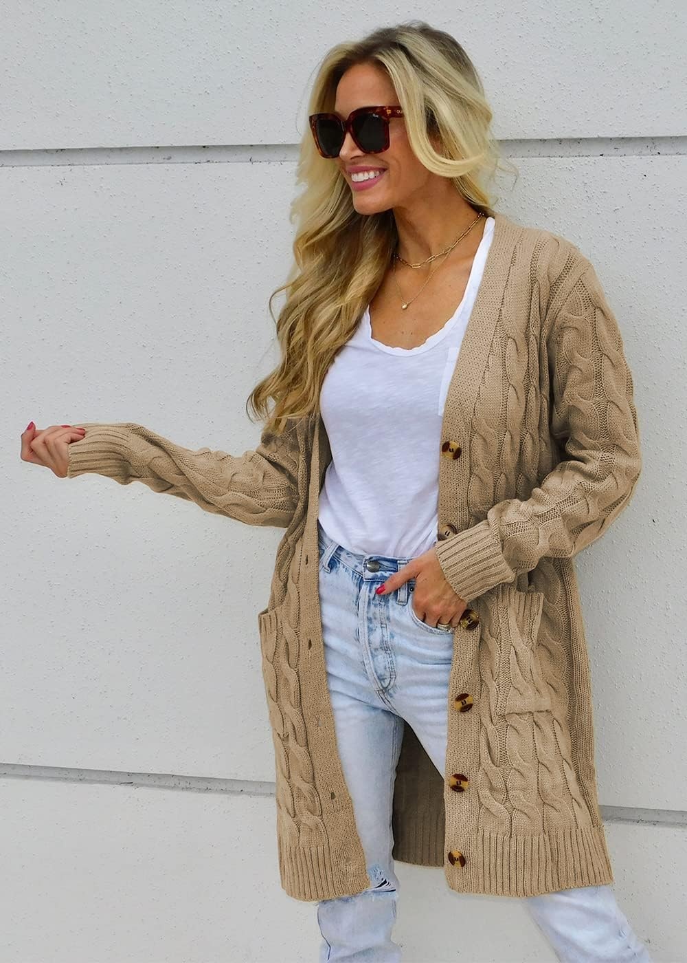 image:imagePRETTYGARDEN Womens Cable Knit Button Long Cardigan SweatersKhaki