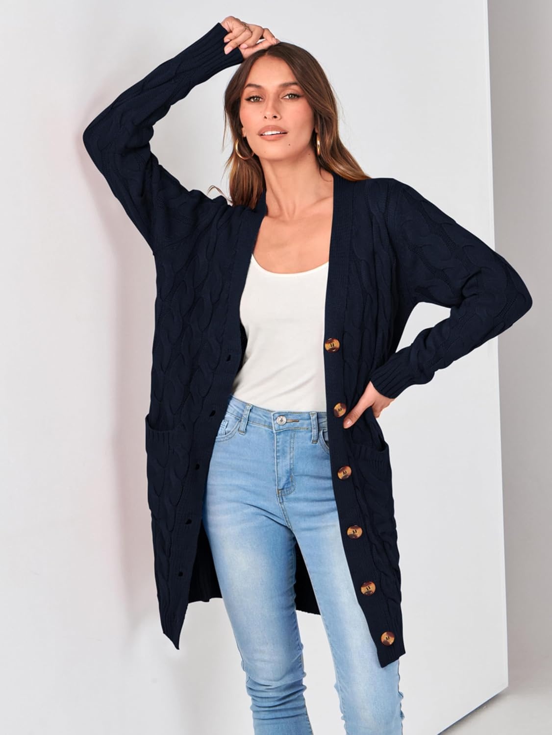image:imagePRETTYGARDEN Womens Cable Knit Button Long Cardigan SweatersNavy