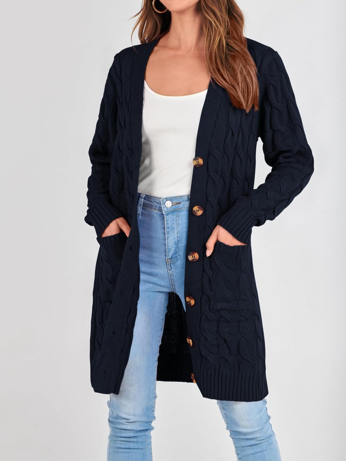 image:imagePRETTYGARDEN Womens Cable Knit Button Long Cardigan SweatersNavy