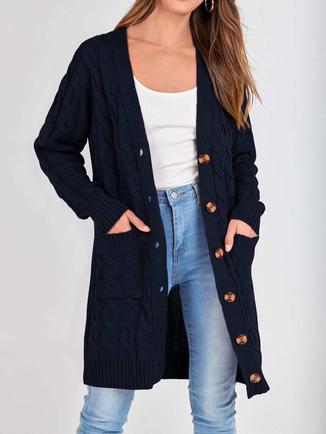 image:imagePRETTYGARDEN Womens Cable Knit Button Long Cardigan SweatersNavy