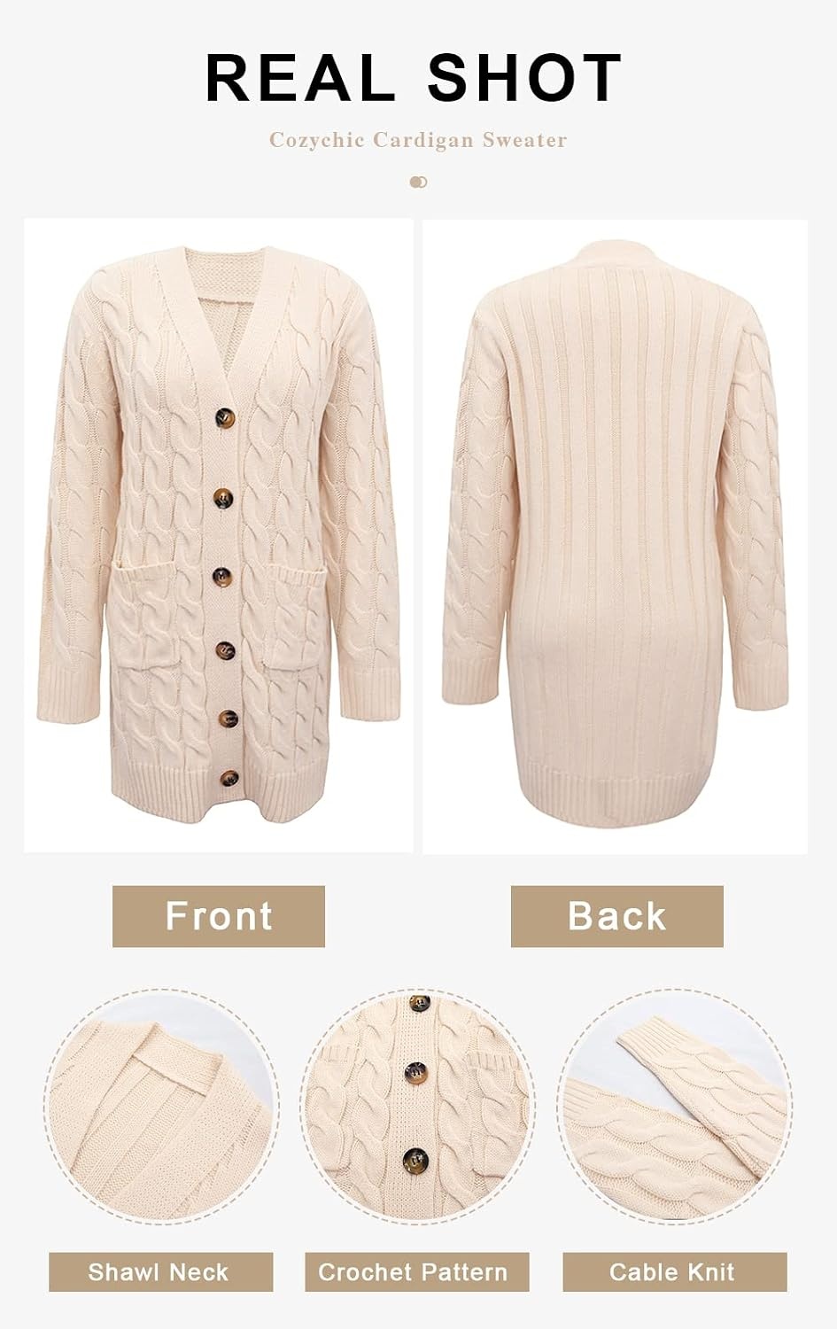 image:imagePRETTYGARDEN Womens Cable Knit Button Long Cardigan SweatersOffwhite