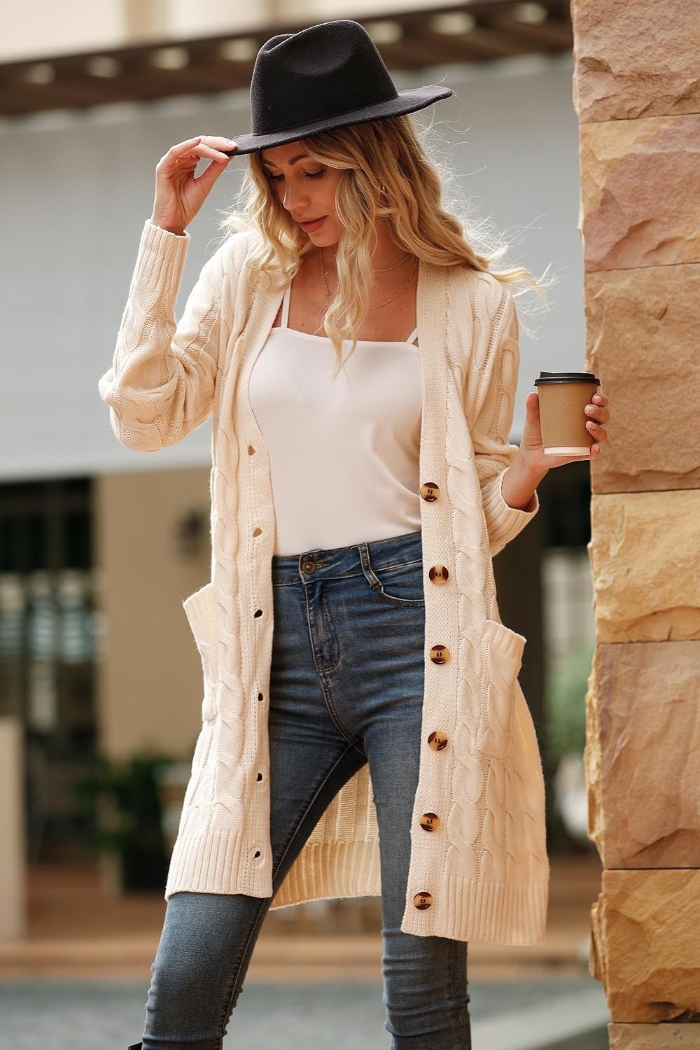 image:imagePRETTYGARDEN Womens Cable Knit Button Long Cardigan SweatersOffwhite