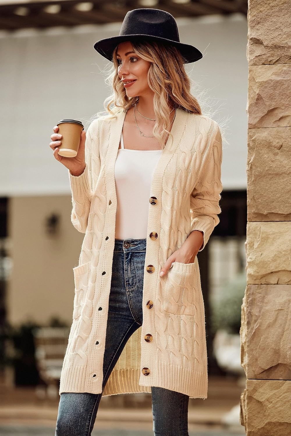 image:imagePRETTYGARDEN Womens Cable Knit Button Long Cardigan SweatersOffwhite
