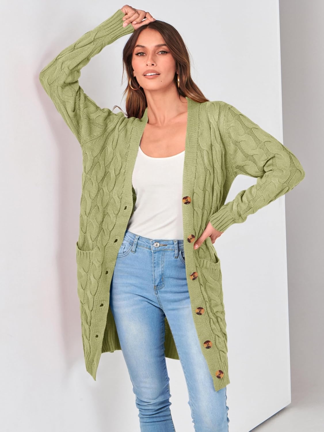 image:imagePRETTYGARDEN Womens Cable Knit Button Long Cardigan SweatersOlive Green