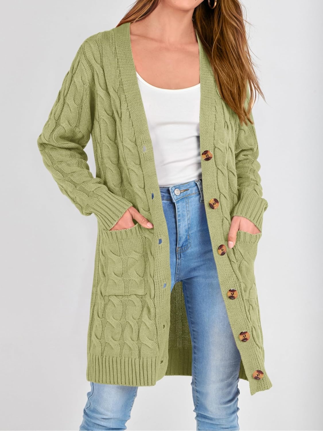 image:imagePRETTYGARDEN Womens Cable Knit Button Long Cardigan SweatersOlive Green