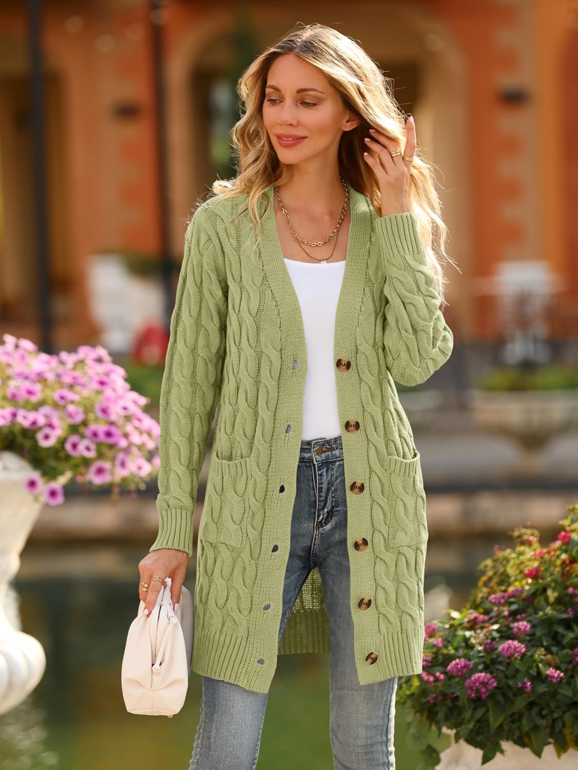 image:imagePRETTYGARDEN Womens Cable Knit Button Long Cardigan SweatersOlive Green