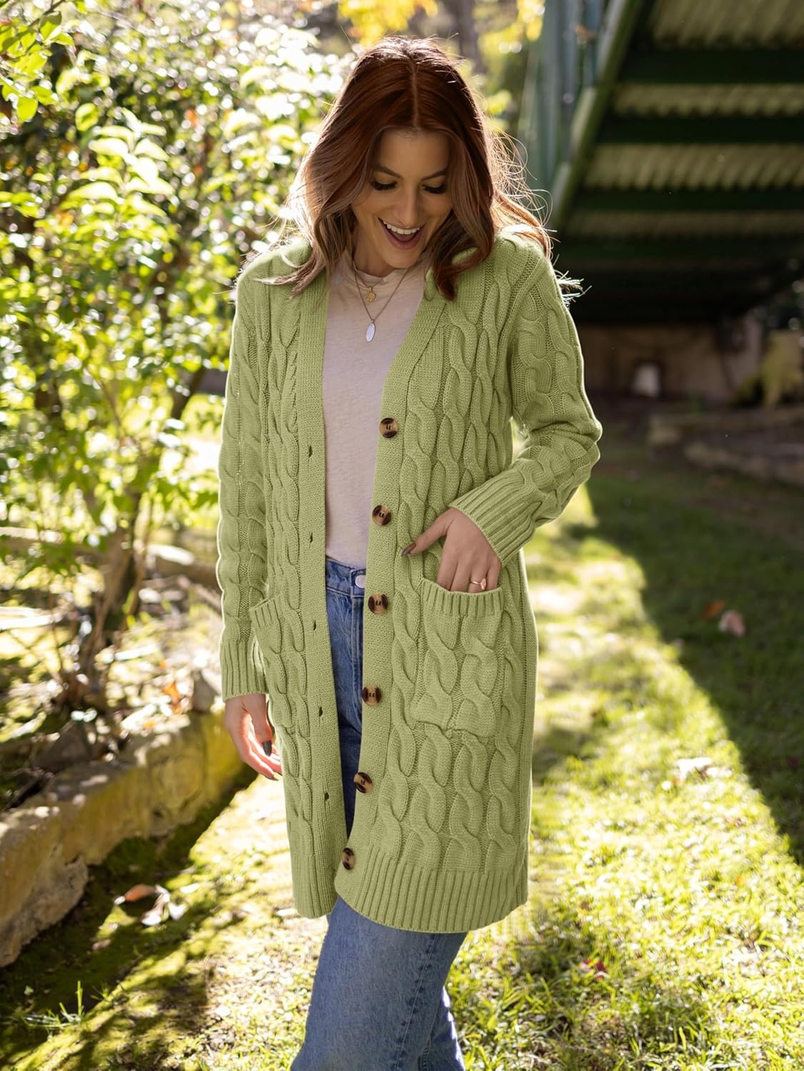 image:imagePRETTYGARDEN Womens Cable Knit Button Long Cardigan SweatersOlive Green