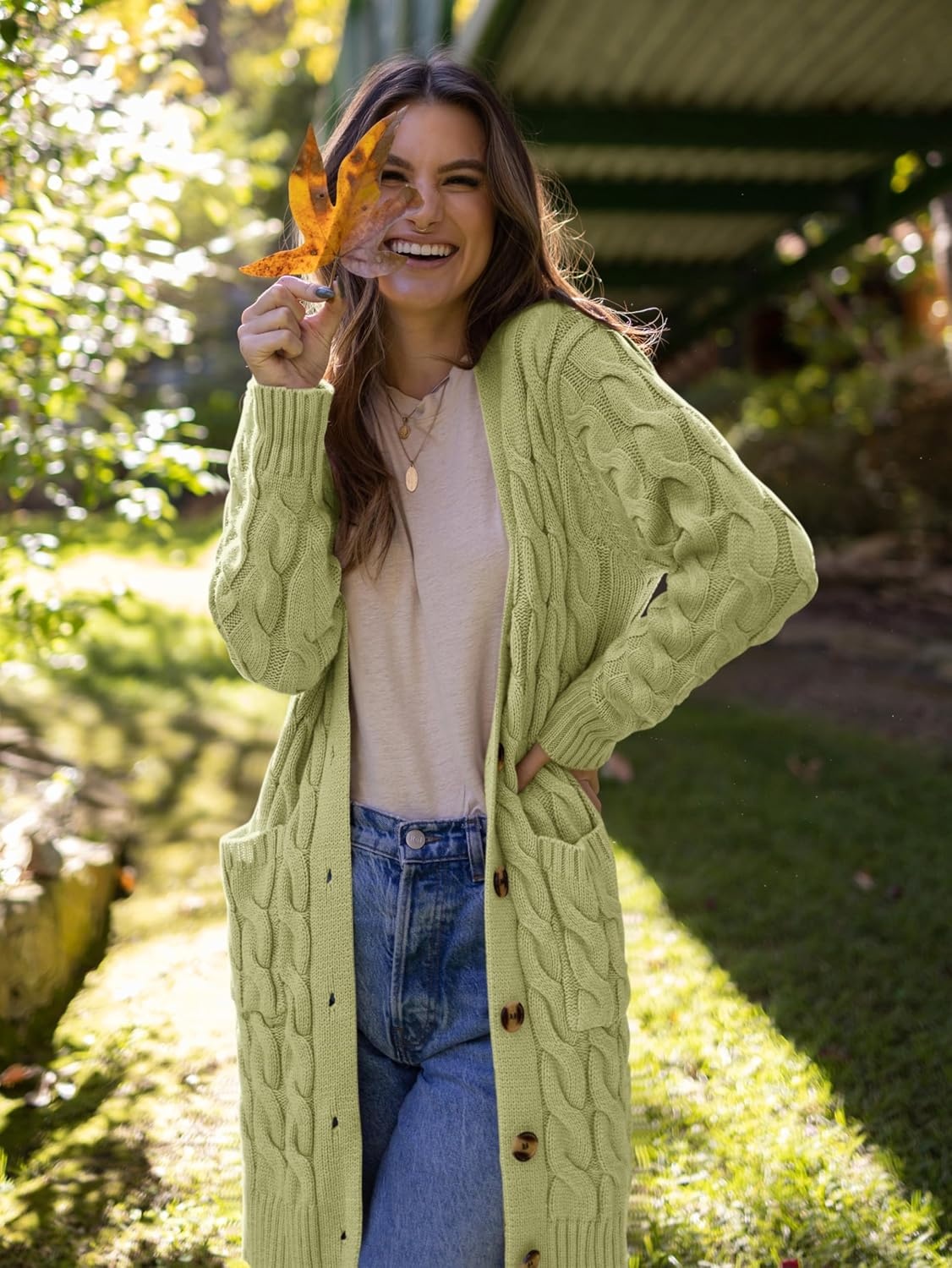 image:imagePRETTYGARDEN Womens Cable Knit Button Long Cardigan SweatersOlive Green
