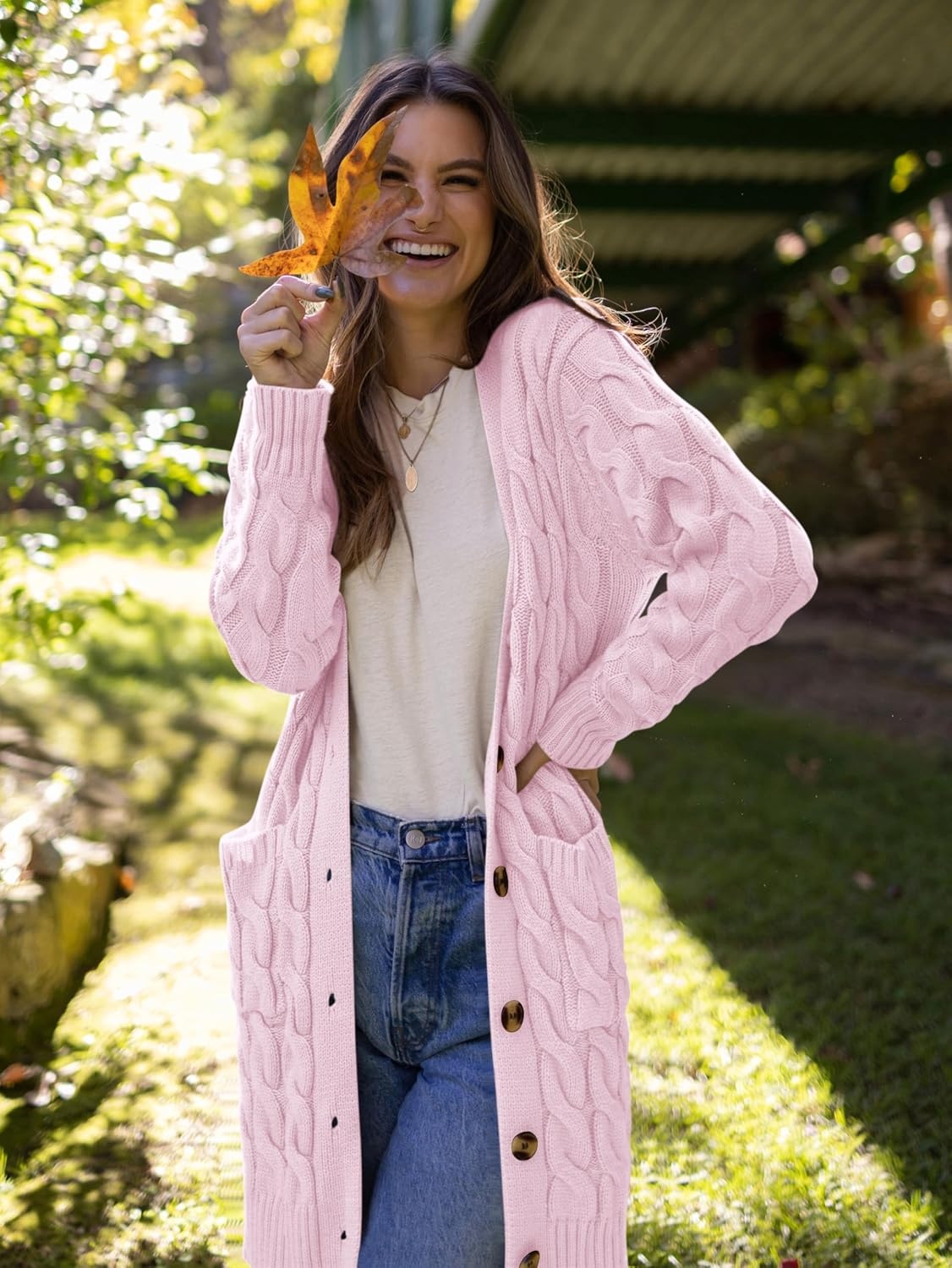 image:imagePRETTYGARDEN Womens Cable Knit Button Long Cardigan SweatersPink