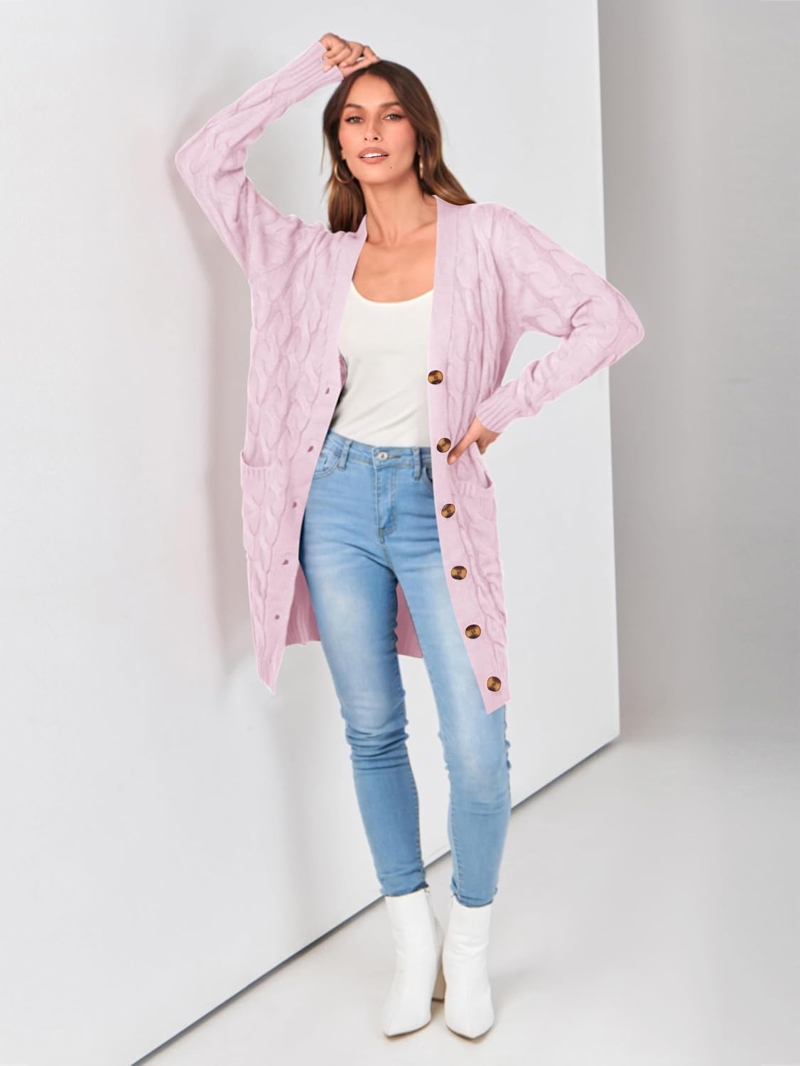 image:imagePRETTYGARDEN Womens Cable Knit Button Long Cardigan SweatersPink