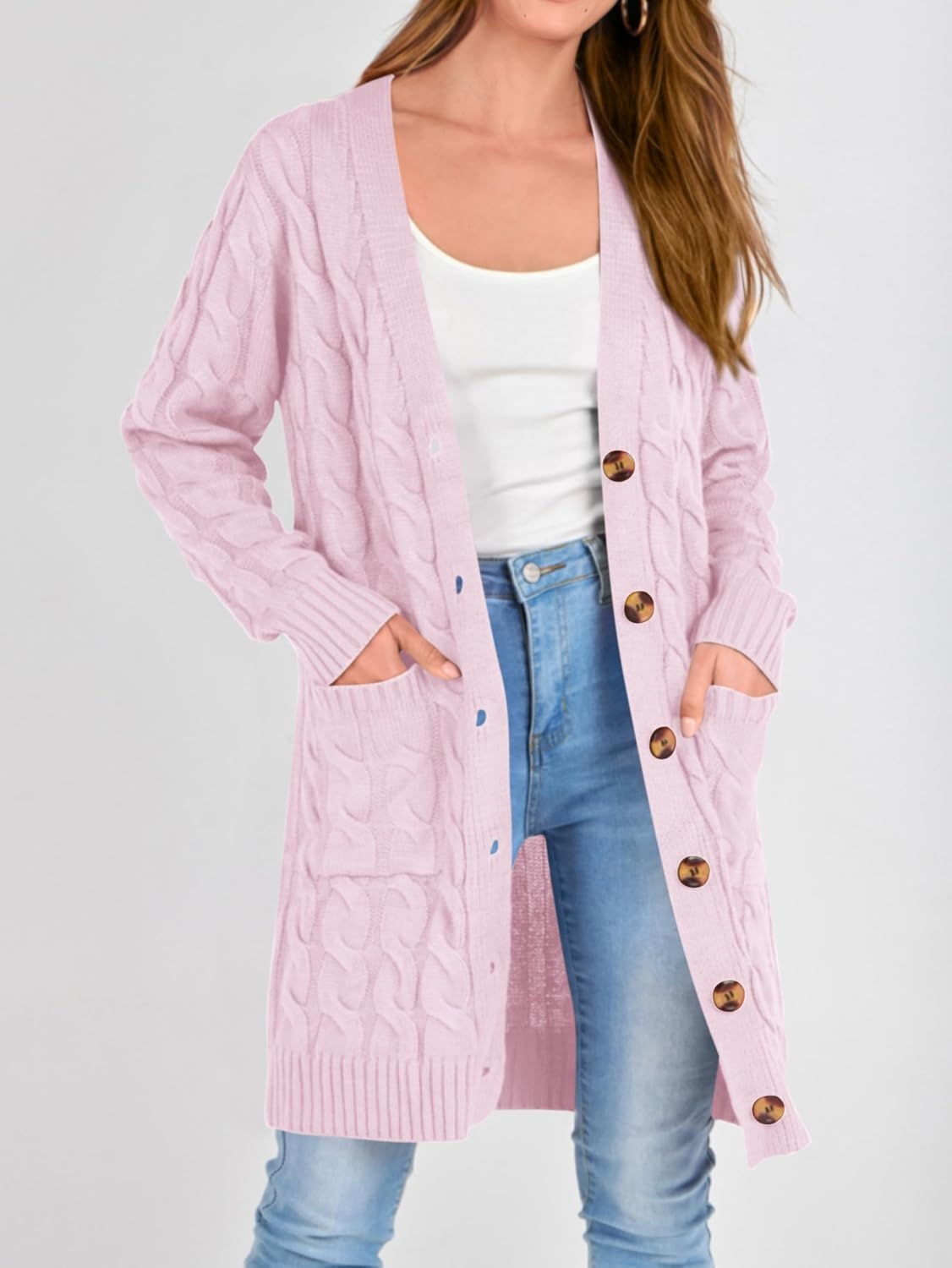 image:imagePRETTYGARDEN Womens Cable Knit Button Long Cardigan SweatersPink