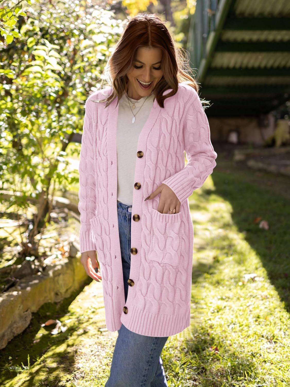 image:imagePRETTYGARDEN Womens Cable Knit Button Long Cardigan SweatersPink