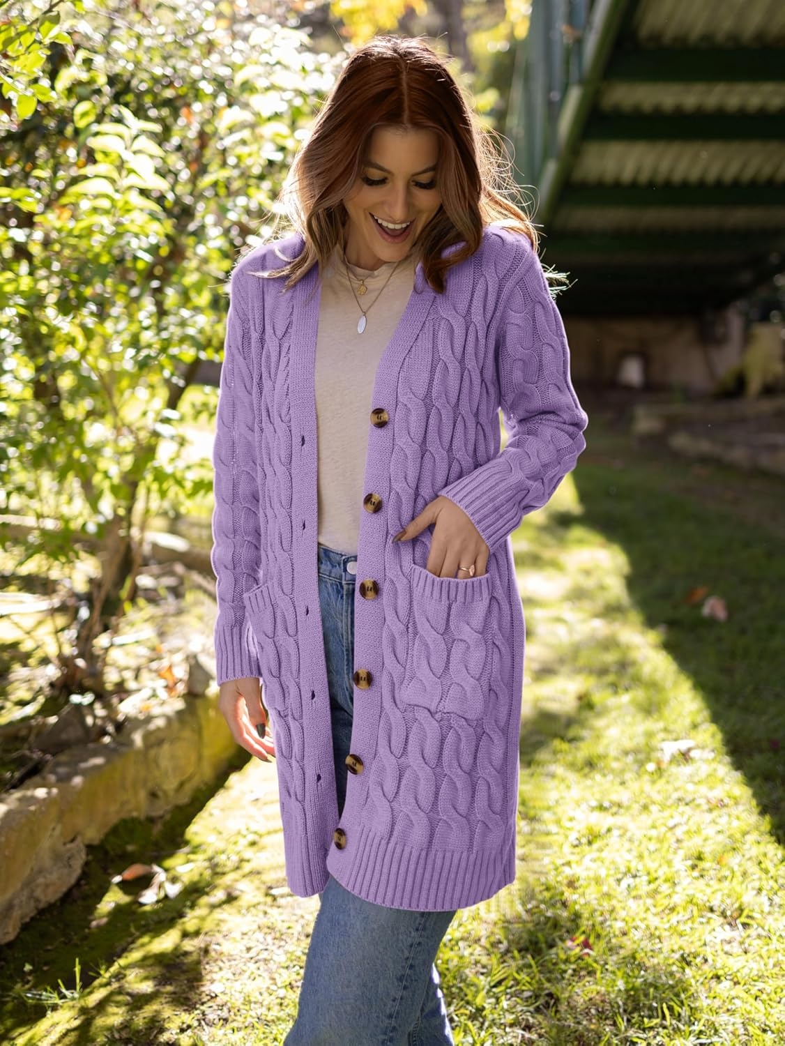 image:imagePRETTYGARDEN Womens Cable Knit Button Long Cardigan SweatersPurple