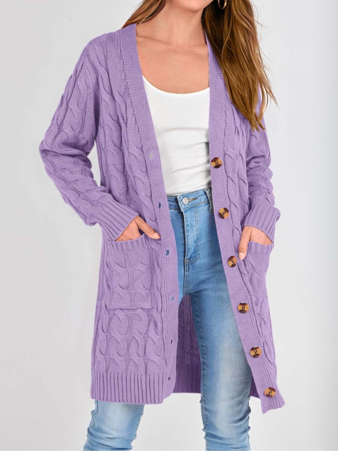 image:imagePRETTYGARDEN Womens Cable Knit Button Long Cardigan SweatersPurple